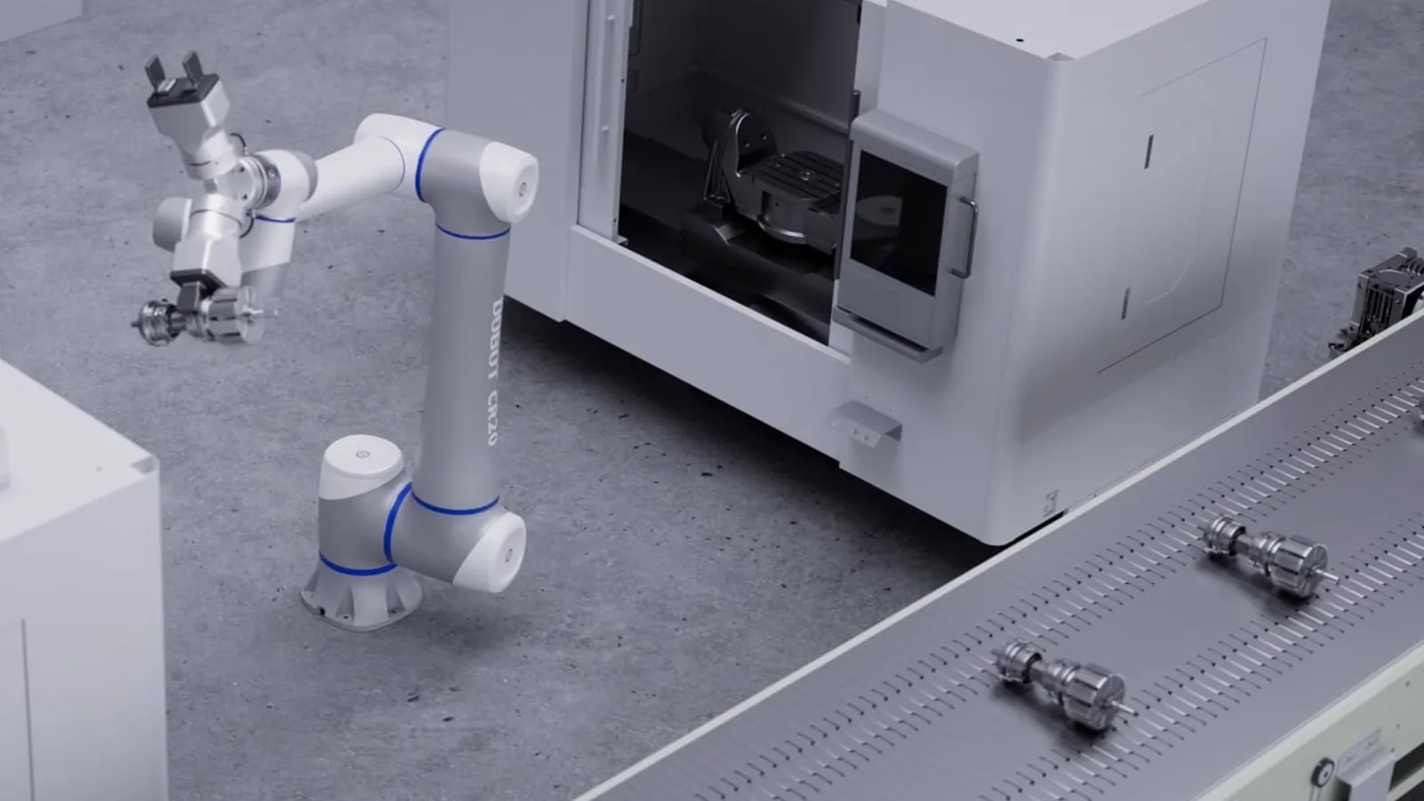 Dobot CR20A zwischen zwei CNC-Maschinen und einem Förderband - Rendering des Herstellers