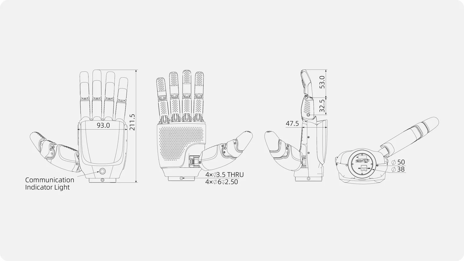 Inspire Robots RH56E2 - mit Tastsensoren (T1/T2) - Aufbau und Hauptkomponenten